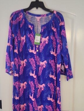 Lilly Pulitzer Blue Dress with Pink Palm & Zebra Print